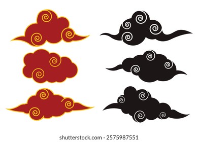 Cloud in Chinese style. Abstract red and black cloudy set isolated on white background. Vector illustration