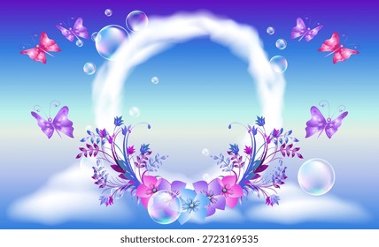Círculo de nubes con mariposas voladoras y burbujas de jabón. Marco redondo de nubes en un cielo azul y flores.