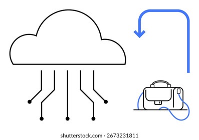 Nuvem com linhas de circuito conectando à pasta e seta para baixo. Ideal para tecnologia, armazenamento em nuvem, transferência de dados digitais, trabalho remoto, soluções de negócios, infraestrutura de TI e rede