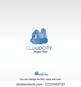 Vector de diseño de Plantilla de logotipos de Cloud City. Edificios colocados en una nube que representa ciudades digitales, conceptos de ciudades inteligentes y servicios basados en la nube.