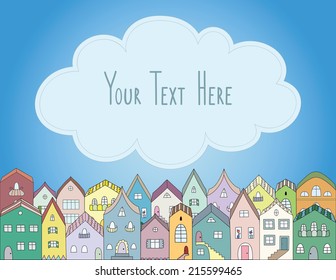 Cloud in the city vector card. Colorful streets of the town. Copy space for text.