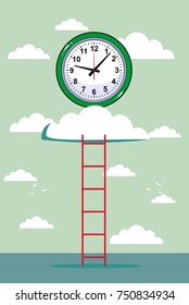 cloud and clock with ladder background. Stock flat vector illustration.