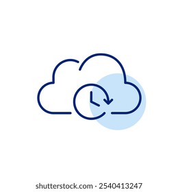 Nuvem e relógio. Backups de dados programados, acesso a qualquer momento. Ícone de vetor perfeito de pixel