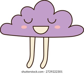 Nube con ojos cerrados, mejillas sonrojadas y piernas colgantes delineadas en líneas audaces. Símbolo de calma, siesta y sentimiento despreocupado para niños y niños. Ilustración vectorial de dibujos animados.