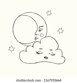 Cloud with closed eyes and sleeping face, moon and stars, hand drawn doodle, sketch isolated vector outline black and white illustration