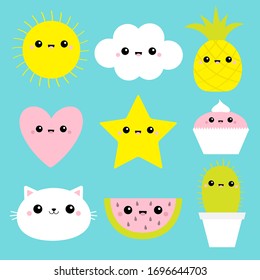 Cloud cloudscape, sun, pineapple watermelon fruit, heart, star, cupcake, cat, cactus icon set. Love Fluffy clouds. Cute cartoon kawaii smiling face. Flat design. Blue background. Isolated Vector