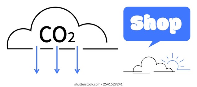 Nuvem com setas de CO2 aponta para baixo, ao lado de um letreiro azul com uma bolha de fala e um sol emergindo de outra nuvem. Ideal para sustentabilidade, comércio eletrônico, consciência ambiental, mudanças climáticas