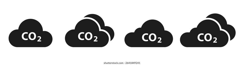 Cloud co2 reduction icon silhouette set. Reduce co2 gas symbol. Carbon reduction cloud sign