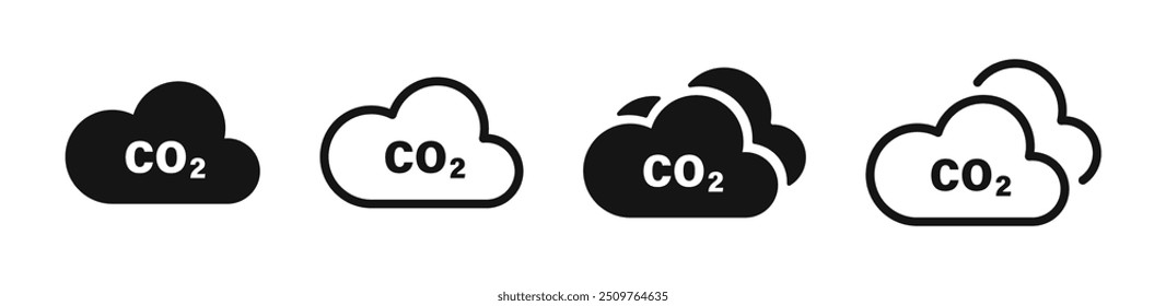 Cloud co2 reduction vector icons. Reduce co2 gas icon set. Carbon reduction cloud sign. CO2 icons.