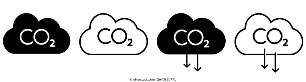 Cloud co2 reduction vector icons. Cloud co2 symbol with down arrow vector outline and silhouette icon set. Reduce co2 gas icon set. carbon reduction cloud sign. Vector illustration.