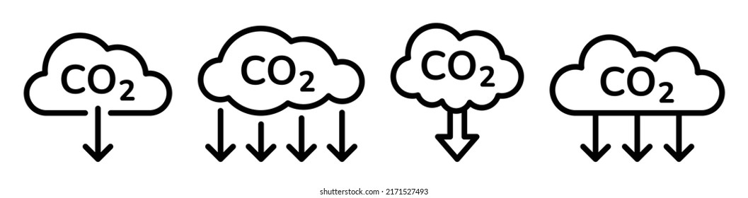 Cloud co2 symbol with down arrow vector outline icon set. Reduce carbon dioxide sign concept illustration.