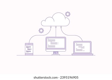 Cloud coding, Cloud computing system, digital devices connected to cloud network, cloud computing technology - vector illustration background with icons