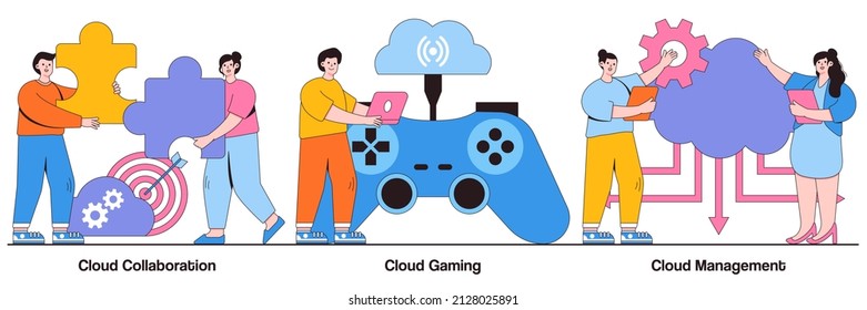 Cloud collaboration, gaming and management concept with people characters. Cloud service abstract vector illustration pack. Data storage, video and file streaming, remote business metaphor.
