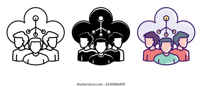 Cloud Collaboration icon represented by cloud, circuit, group Line, Filled, Color style.