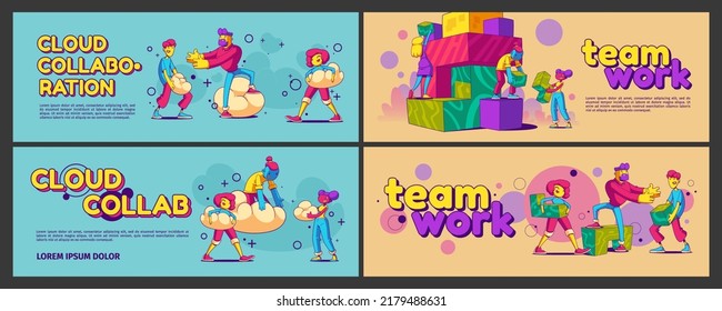 Cloud collaboration and teamwork banners with people work together. Vector posters of cooperation and partnership with illustration of employee team in contemporary art style