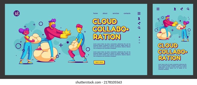 Cloud Collaboration, Teamwork Landing Page, App Ui Ux Mobile App Onboard Screen Template. Contemporary Characters With Clouds In Hands, Information Virtual Storage Concept, Cartoon Vector Web Banner