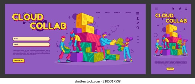 Cloud Collaboration, Teamwork Landing Page, App Ui Ux Mobile App Onboard Screen Template. Contemporary Characters Connect Puzzle Pircrs, Information Virtual Storage Concept, Cartoon Vector Web Banner