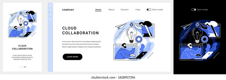 Cloud Collaboration Website UI Kit. Online Collaboration, Remote Business Management, Computing Service Company, Distributed Team, Cloud Service, Distance Landing And Mobile App Vector UI Template.