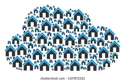 Cloud collage formed from home pictograms in different sizes. Abstract vector server illustration. Home icons are formed into cloud shape.