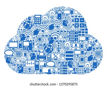 Cloud collage icon done for bigdata and computing illustrations. Vector cloud mosaics are organized from computer, calculator, connections, wi-fi, network, interface symbols into abstract collage.