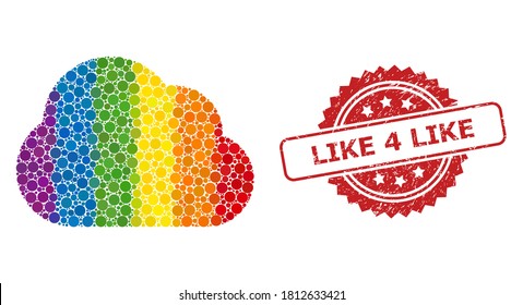 Cloud collage icon of spheric items in different sizes and LGBT colorful shades, and Like 4 Like textured rosette stamp seal. A dotted LGBT-colored Cloud for lesbians, gays, transgenders,