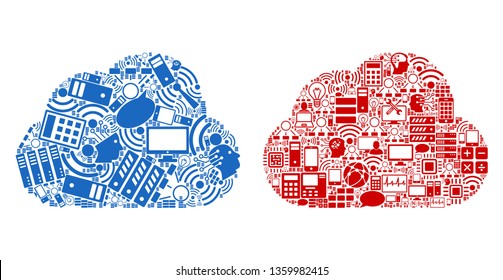 Cloud collage icons organized for bigdata purposes. Vector cloud mosaics are organized from computer, calculator, connections, wi-fi, network symbols into abstract patterns. Usual and red colors.