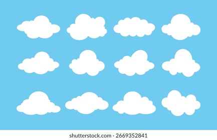 Nuvem. Coleção de nuvens brancas planas sobre fundo azul. Conjunto vetorial de ilustração em desenho animado plano