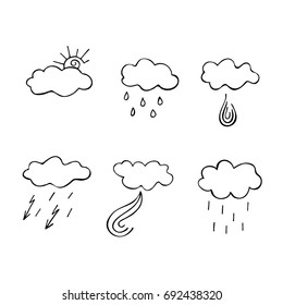 Cloud collection. Icons with images of weather. Vector illustration.