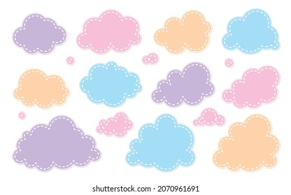 Cloud color badge kid flat set. Cartoon patch weather symbol for game app widget website interface. Meteorology wallpaper splash element sky .Nodding shape postcard book advertising isolated on white