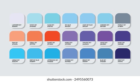 Cloud Color Palette, Clouds Color Guide Palette with Color Names. Catalog Samples of Cloud with RGB HEX codes and Names. Cloud Colors Palette Vector, Fashion Trend Blue Color shades Vector tones