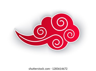 Cloud colored, Chinese style art, air element vector. Isolated icon with shade, blowing of wind, decoration of eastern cultures, oriental drawing