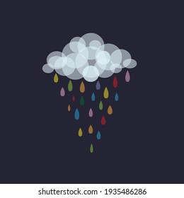 Cloud and colorful rain on dark background in flat design. Rainbow colored raindrops.