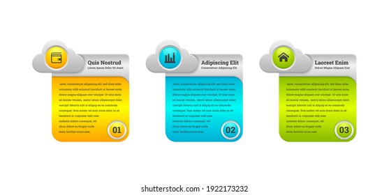 Nube combinada con rectángulo para infografía y diagrama de negocios, arte vectorial e ilustración. Tres pasos utilizan el color gris combinado con los colores amarillo, verde y azul.