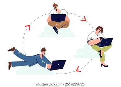 Cloud communication for business people to speed up work and exchange information via laptops with internet. Corporation employees use cloud software to increase job productivity and efficiency