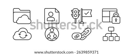 Cloud and communication line icon set. network, file, link, security outline icons