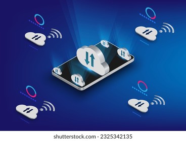 Cloud communications concept, Vector illustration of cloud 3d on smartphone on blue background, Cloud technology