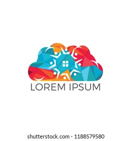 Cloud Community home logo design. Cloud house and people vector icon.