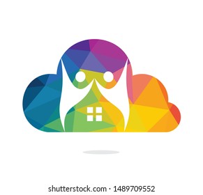 Cloud Community home logo design. Cloud house and people vector icon.