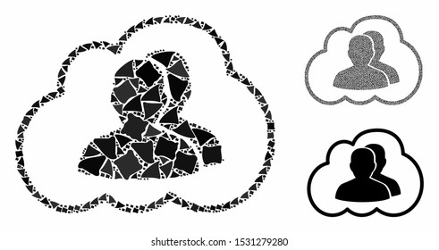 Cloud community mosaic of abrupt pieces in various sizes and color hues, based on cloud community icon. Vector trembly pieces are organized into collage.