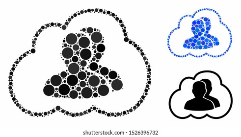Cloud community mosaic for cloud community icon of spheric dots in different sizes and color tones. Vector filled circles are composed into blue mosaic.
