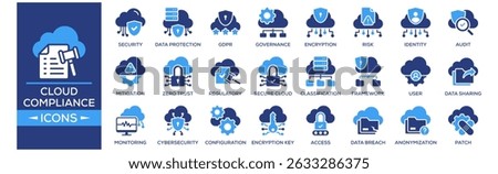 Cloud Compliance Strategies icon set. Containing design Cloud Security Compliance, Data Protection Policy, GDPR Compliance, Cloud Governance, Data Encryption. Solid icon collection.