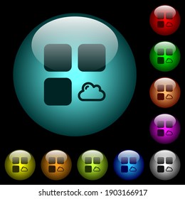Iconos de componentes de nube en botones de vidrio esférico iluminados de color sobre fondo negro. Se puede utilizar para plantillas en negro u oscuro