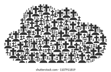 Cloud composition formed with cemetery elements in various sizes. Abstract vector storage illustration. Cemetery icons are organized into cloud shape.