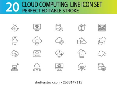 CONJUNTO DE ICONOS DE LÍNEA DE COMPUTACIÓN EN LA NUBE
