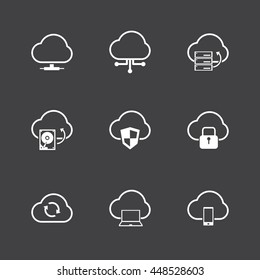 Cloud Computer icons set.White icons on black background