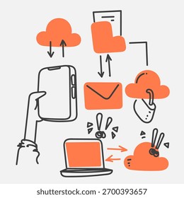 cloud computer related doodle hand drawn style collection
