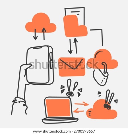 cloud computer related doodle hand drawn style collection