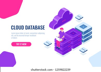 Cloud computer technology, storage and processing big data, server room, database and datacenter isometric icon, digital engineering, cartoon people vector color