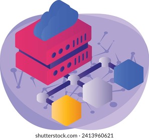 Cloud Computer with their Nodes isometric Concept, Remote Storage Devices Vector Icon Design, Big data Symbol, Business intelligence Sign,Web hosting and Data Center Stock Illustration