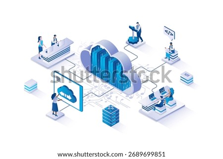 Cloud computing 3d isometric concept with isometry people design for web. User working with cloud technology of files download and storage, sharing data with protection service. Vector illustration.